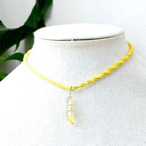 Aura Quartz Macrame Crystal Choker Necklace, Yellow Dainty Boho Chic Minimalist